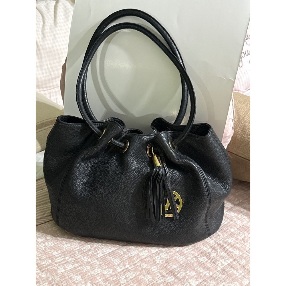 Michael Kors Black Pebbled Leather Shoulder Bag Gold Hardware Tassel Tote